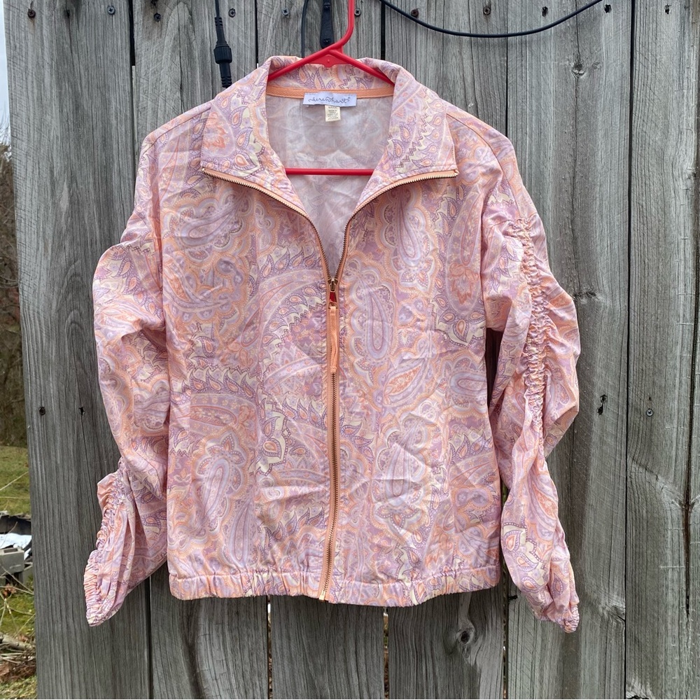 Keren Hart Womens Paisley Ruched Sleeve Zip Up Windbreaker Jacket Peach Purple S